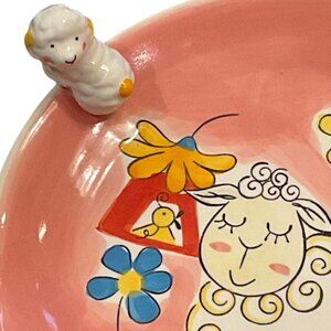 WILLIE WOOLIE Small Pink Ceramic Plate with 3D Lamb Flowers Sheep Bird Colourful